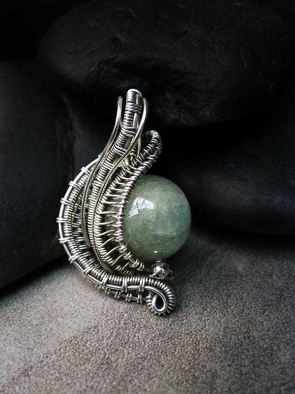 925 sterling and fine silver green adventurine semi-precious stone wire wrapped pendant