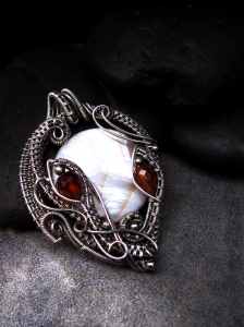 Zeloutis Wearable Art Sterling and Fine Silver Wire Wrapped Polished Shell and Garnet Pendant