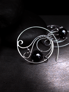 Zeloutis Wearable Art Sterling and Fine Silver Wire Wrapped Swirling Hematite Hoop Earrings