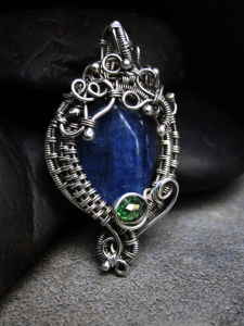 Zeloutis Wearable Art Sterling and Fine Silver Wire Wrapped Kyanite and Swarsvoski Crystal Pendant
