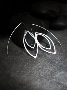 Zeloutis Wearable Art Sterling and Fine Silver Marquise Shaped Earrings feat. Dark Teal Swarovski Crystals