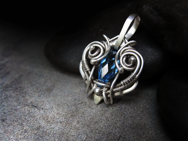 Zeloutis Wearable Art - Sterling and Fine Silver Owl feat Blue Swarovski Briolette