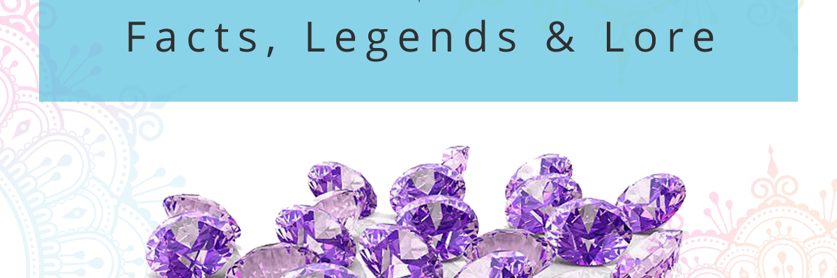 image with 3d generated amethyst with text above that reads February birth month facts, legends and lore