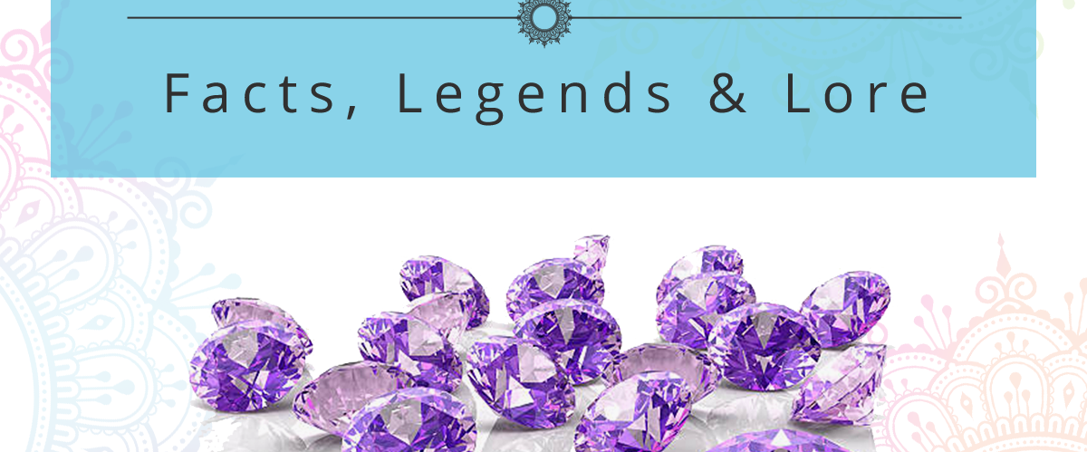 image with 3d generated amethyst with text above that reads February birth month facts, legends and lore
