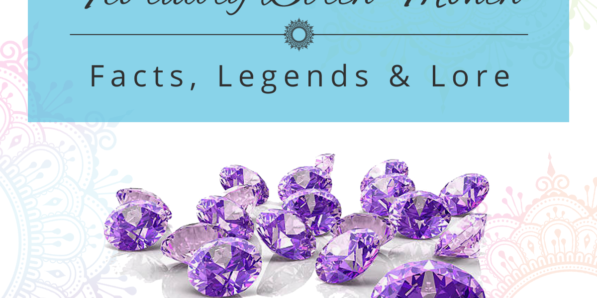 image with 3d generated amethyst with text above that reads February birth month facts, legends and lore