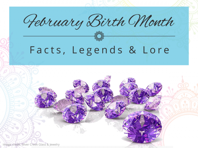image with 3d generated amethyst with text above that reads February birth month facts, legends and lore