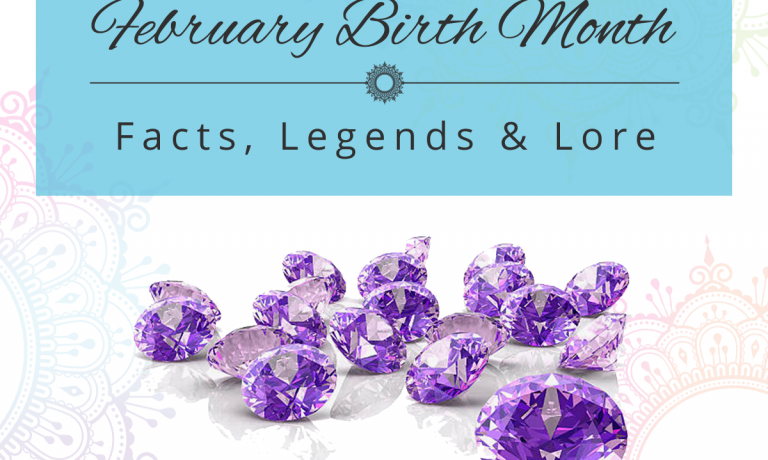 february-birthmonth image with 3d generated amethyst with text above that reads February birth month facts, legends and lore