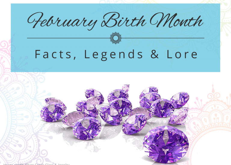 image with 3d generated amethyst with text above that reads February birth month facts, legends and lore