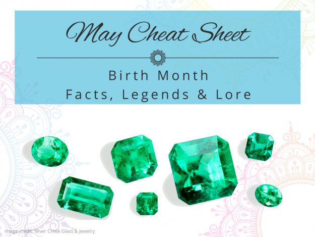 Image of emeralds with text above that reads May birth month facts legends and lore