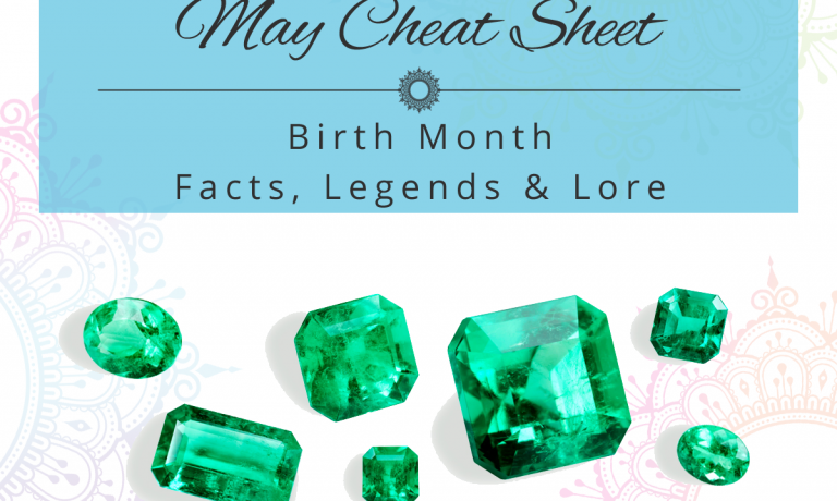 Image of emeralds with text above that reads May birth month facts legends and lore