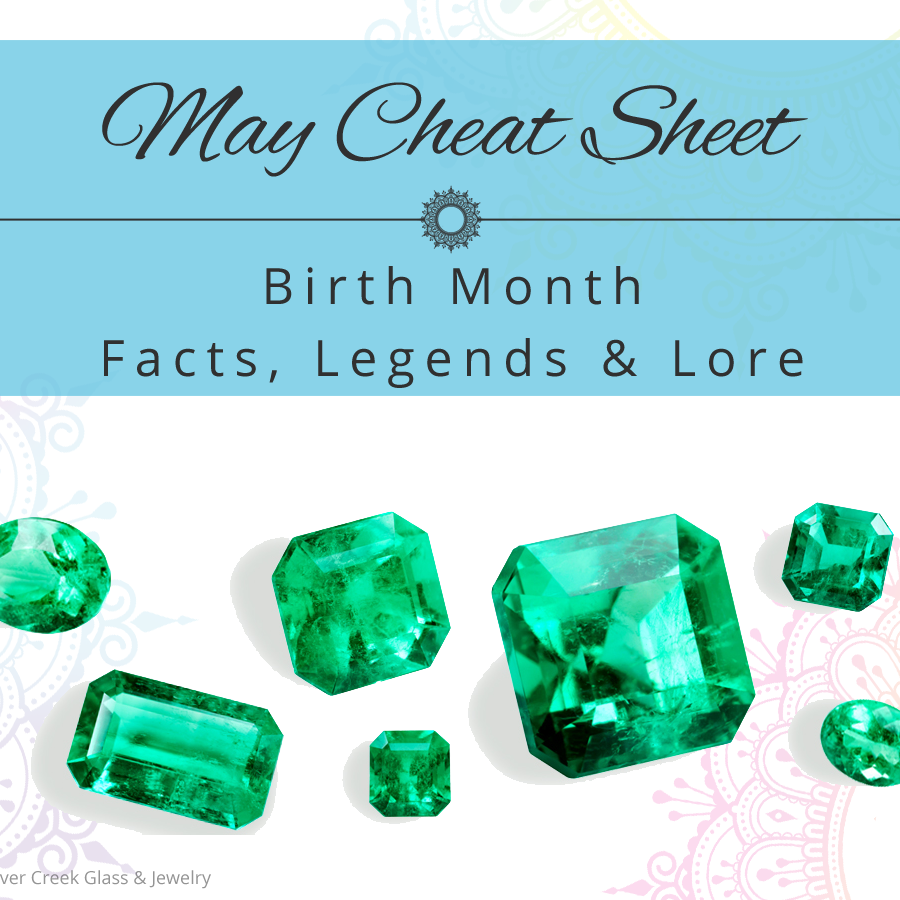 Image of emeralds with text above that reads May birth month facts legends and lore